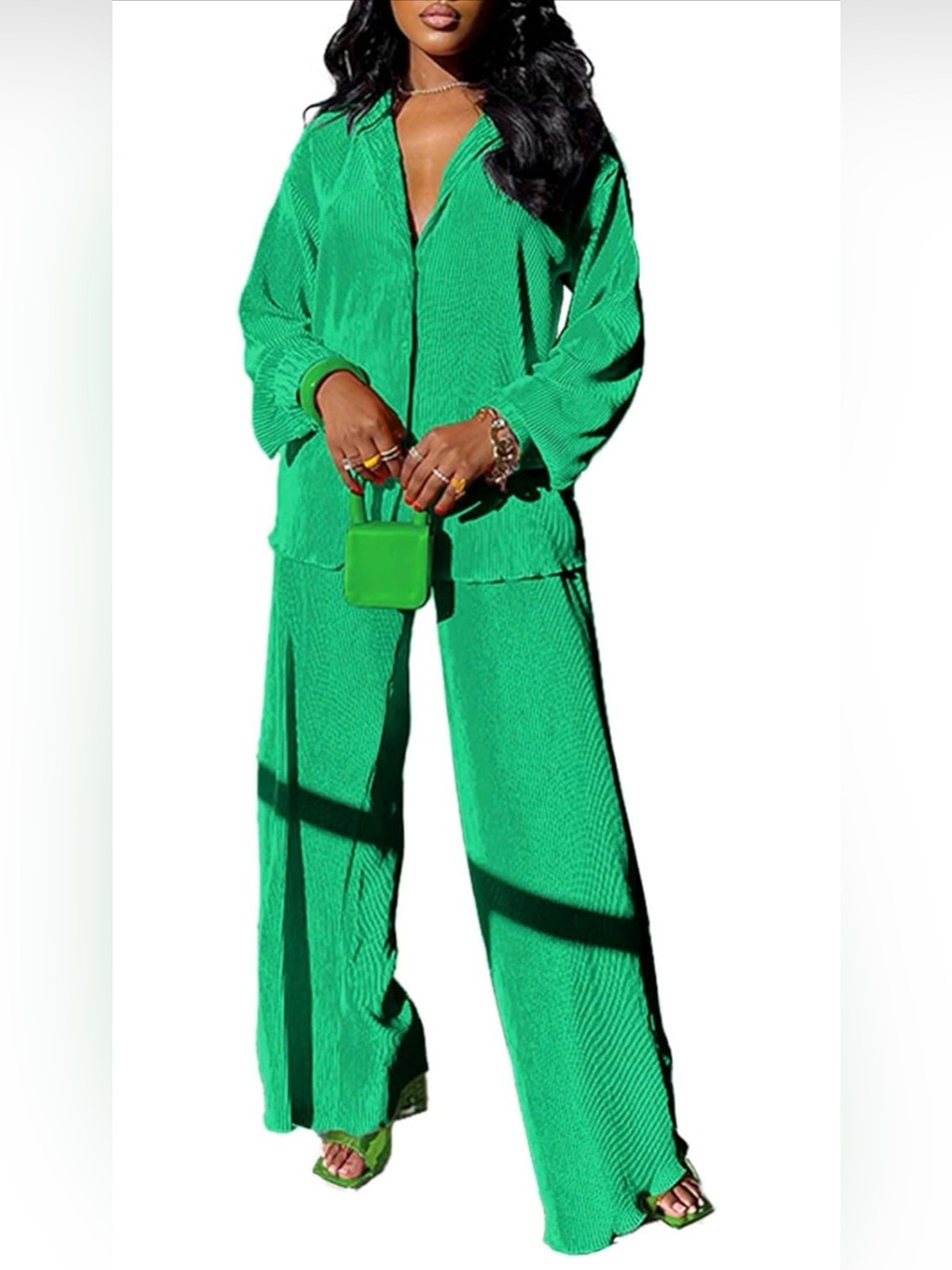 Green Pleated Two Piece Set | Button Front Shirt + Wide Leg Pants | M